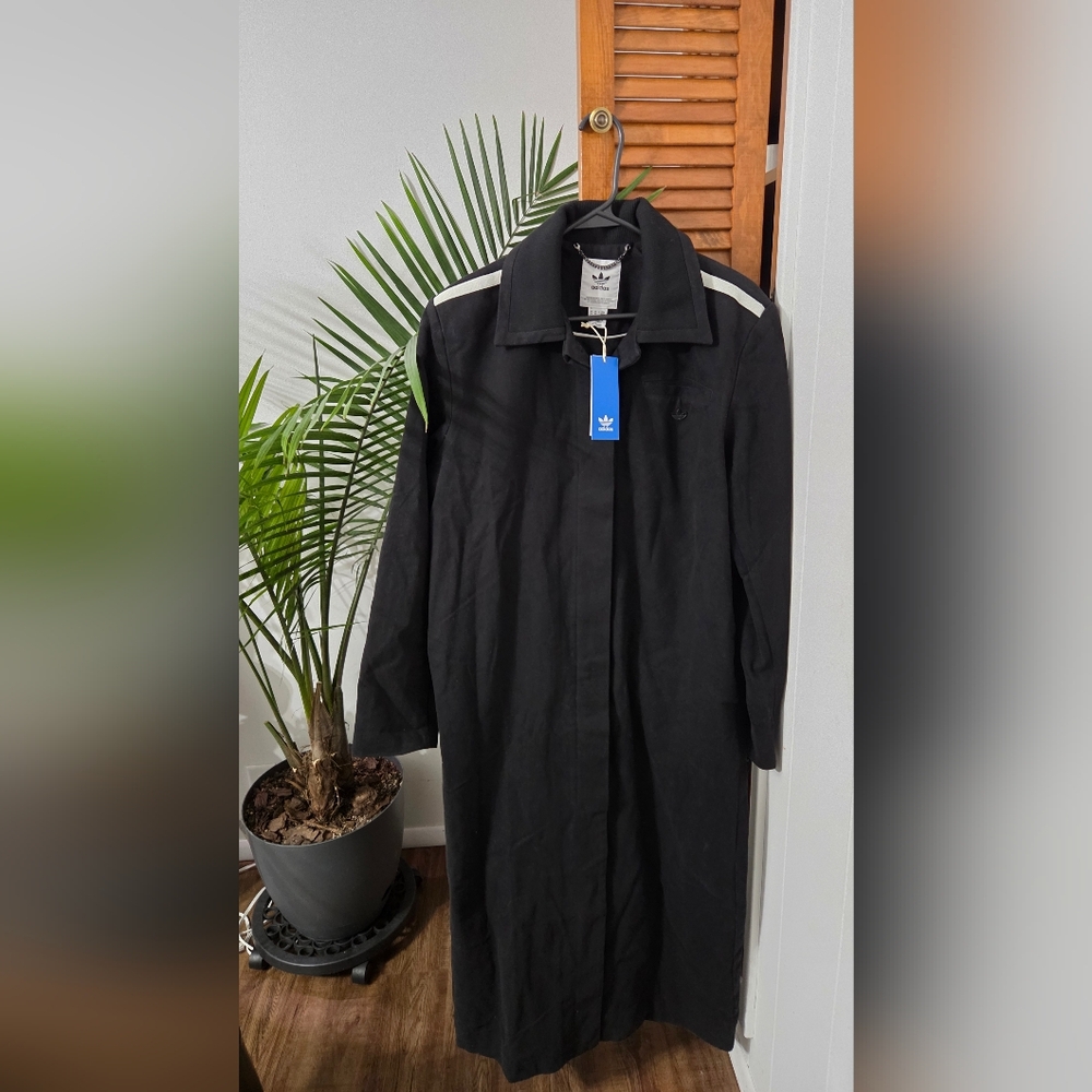 Adidas Originals Collared Twill Long Coat Black Womens NWT M